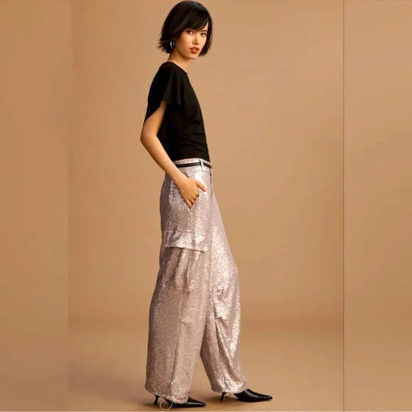Anthropologie Lilac Sequin Cargo Pants - Size 10 - Picture 1 of 11